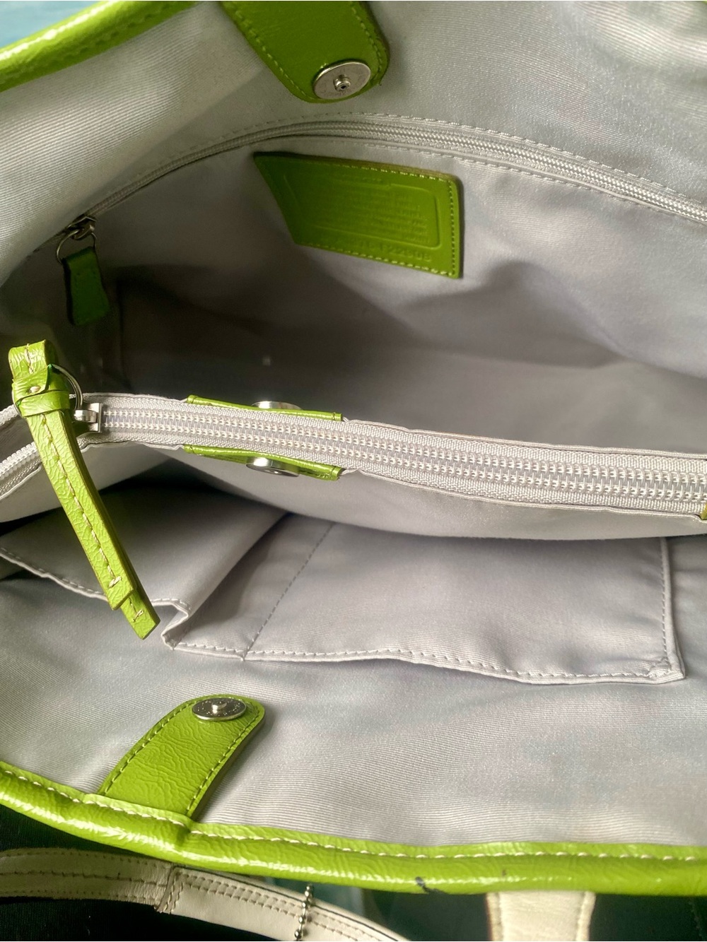 Coach Blue Signature Tote with Lime and White Stripes - Picture 5 of 5